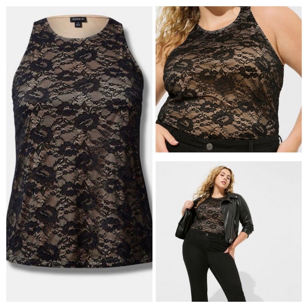 NWT- Sexy Torrid Black Stretch Lace High Neck Tank